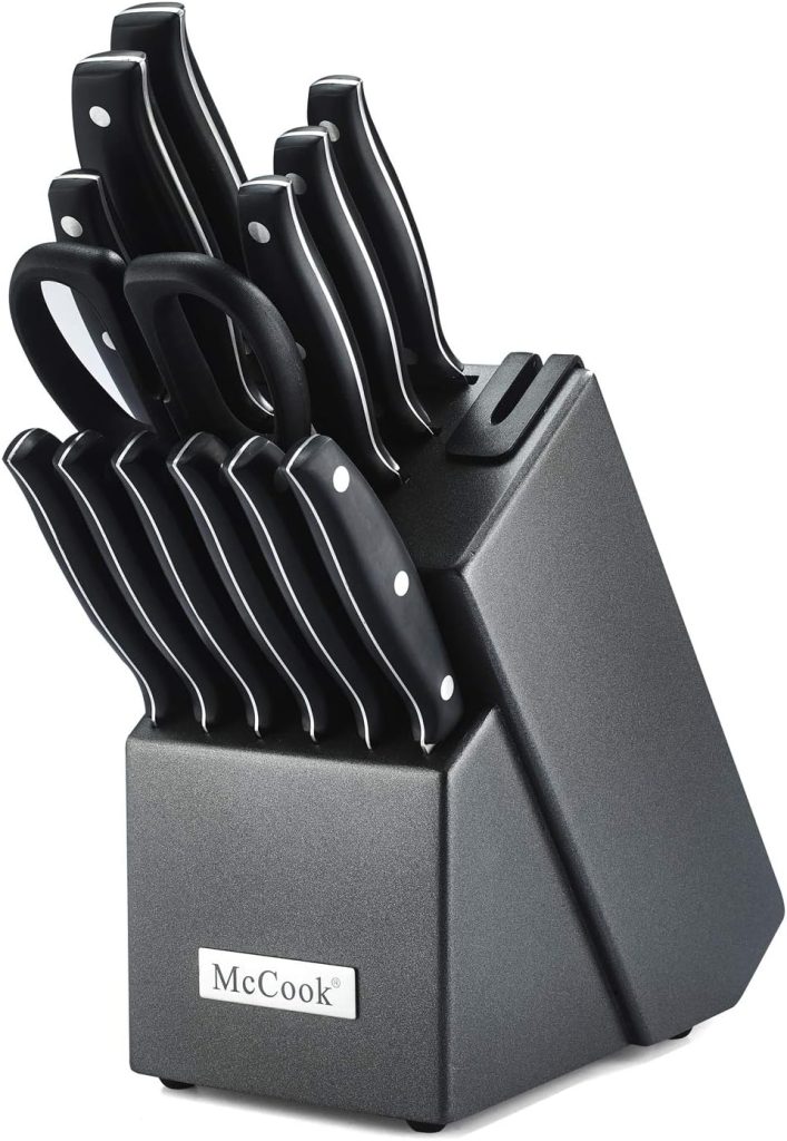 McCook MC39 full tang triple rivet knife block set in black - View 1